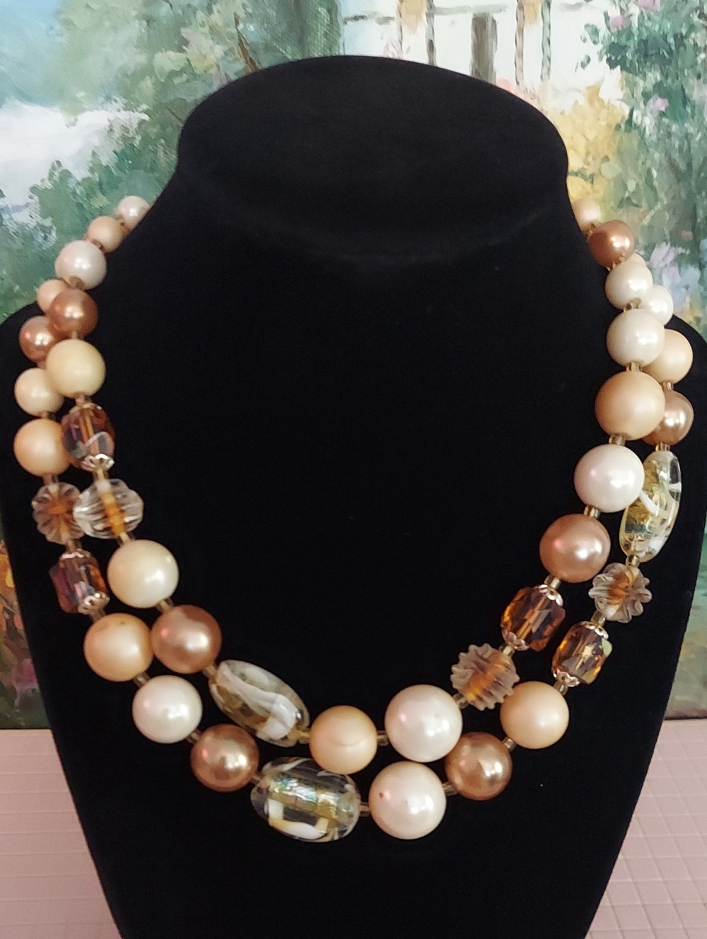Coro double-strand beaded necklace mix of shapes and neutral textures.